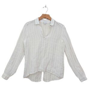 Saks Fifth Avenue Top Womens Small White  Linen Pinstripe V-Neck Long Sleeve